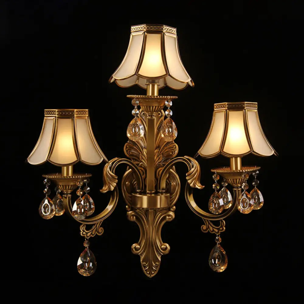 Traditional Brass Finish Scalloped Wall Sconce With Frosted Glass And Crystal Deco - 3 Heads