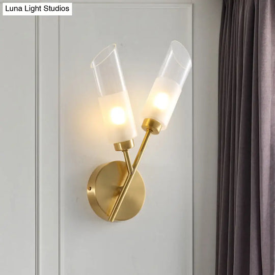 Traditional Brass Finish Wall Sconce Light - 2 Bulbs Tube Mount Lamp With Clear Glass Indoor