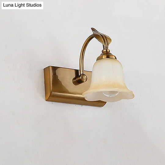 Traditional Brass Flared Bedroom Sconce With Gooseneck Arm - Frosted Glass Vanity Light (1/2/3