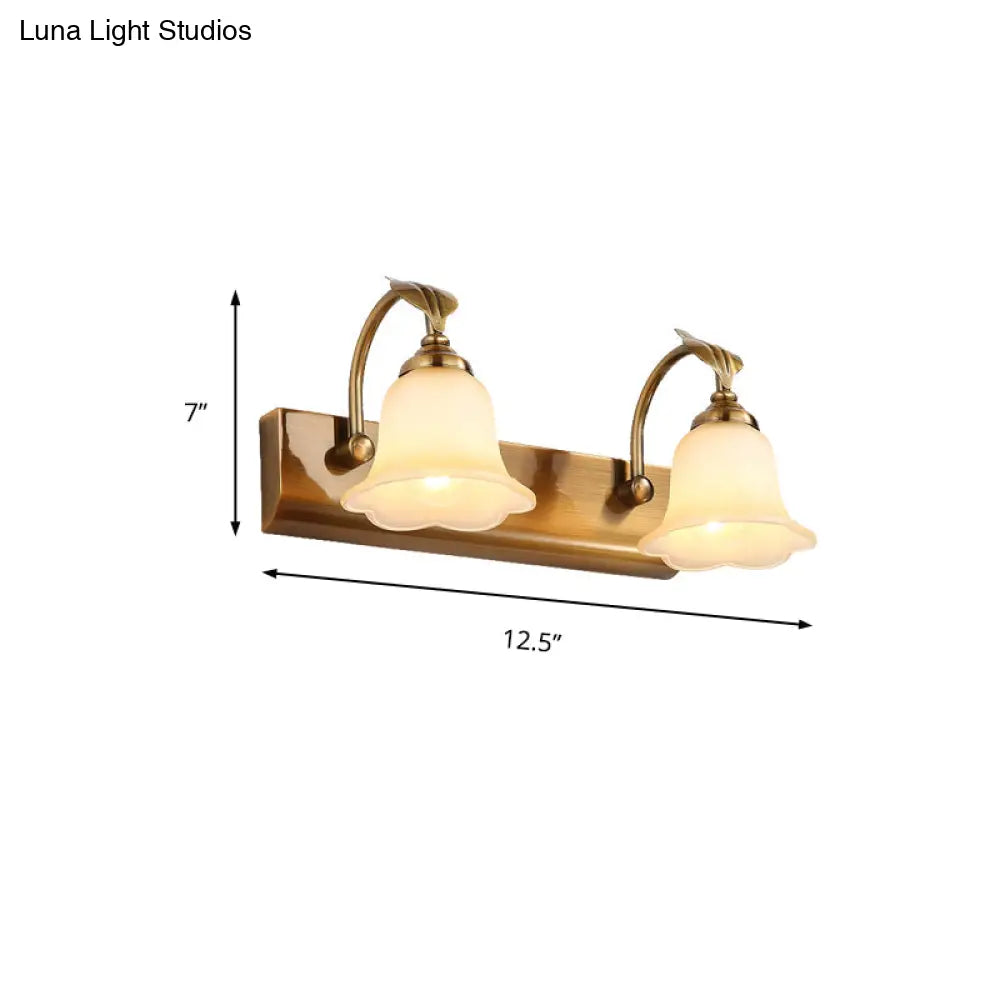 Traditional Brass Flared Bedroom Sconce With Gooseneck Arm - Frosted Glass Vanity Light (1/2/3