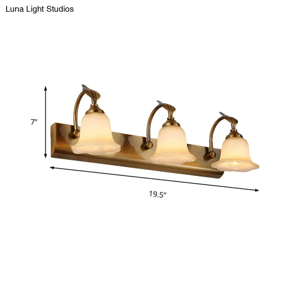 Traditional Brass Flared Bedroom Sconce With Gooseneck Arm - Frosted Glass Vanity Light (1/2/3