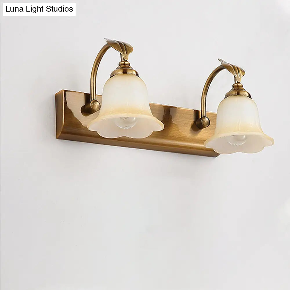 Traditional Brass Flared Bedroom Sconce With Gooseneck Arm - Frosted Glass Vanity Light (1/2/3