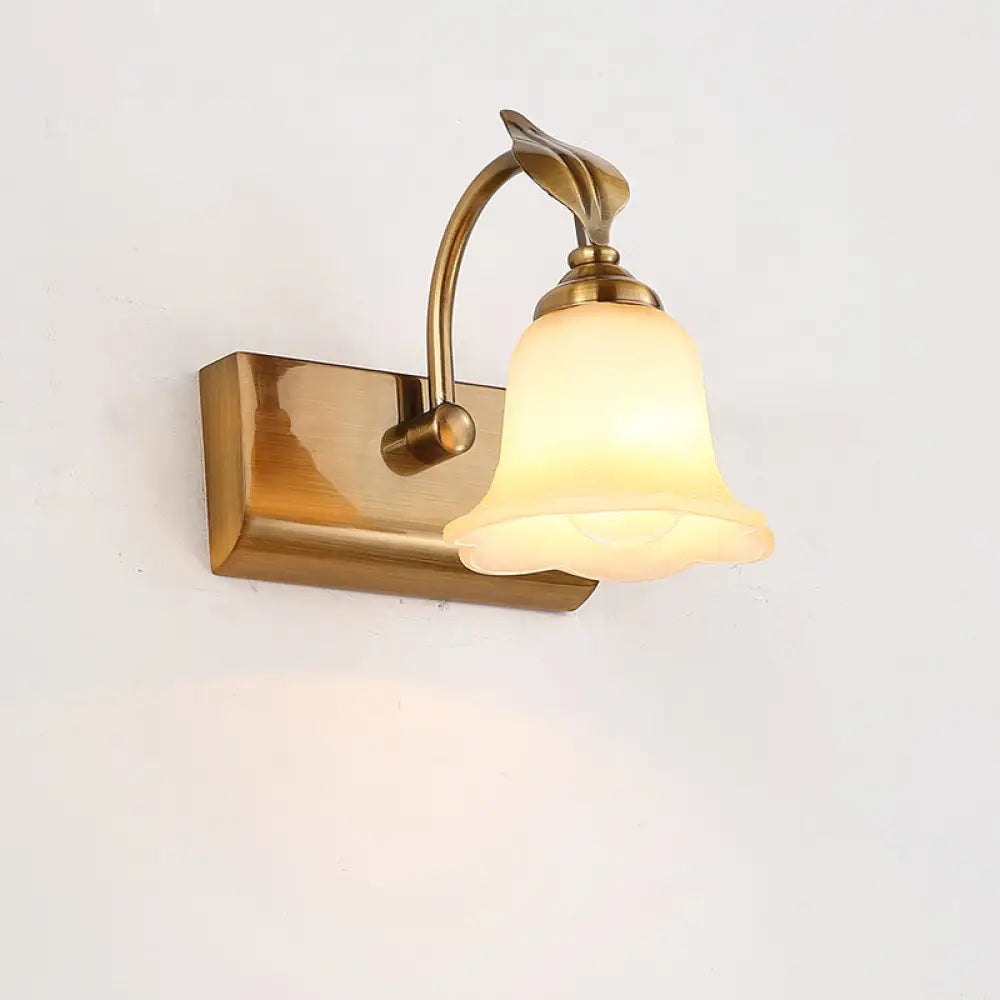 Traditional Brass Flared Bedroom Sconce With Gooseneck Arm - Frosted Glass Vanity Light (1/2/3