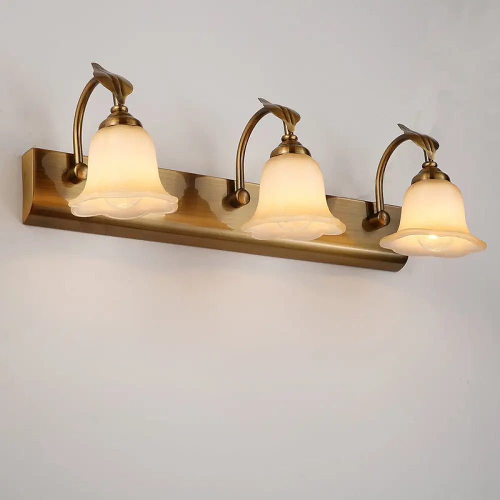 Traditional Brass Flared Bedroom Sconce With Gooseneck Arm - Frosted Glass Vanity Light (1/2/3