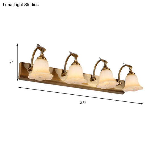 Traditional Brass Flared Bedroom Sconce With Gooseneck Arm - Frosted Glass Vanity Light (1/2/3