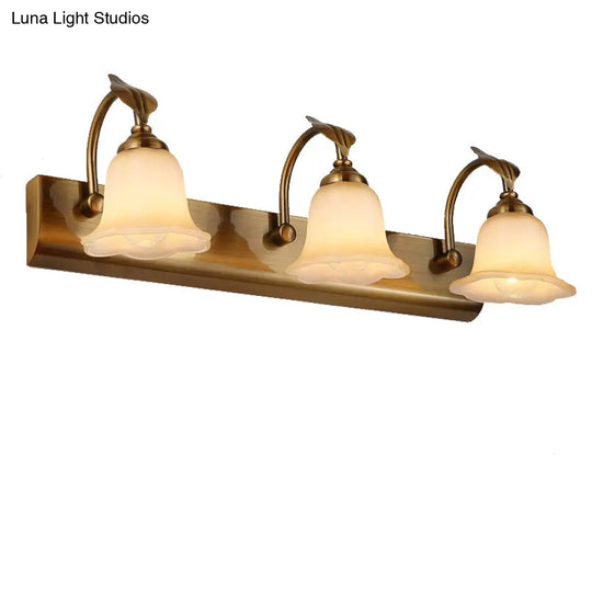 Traditional Brass Flared Bedroom Sconce With Gooseneck Arm - Frosted Glass Vanity Light (1/2/3