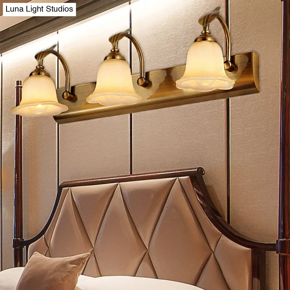 Traditional Brass Flared Bedroom Sconce With Gooseneck Arm - Frosted Glass Vanity Light (1/2/3