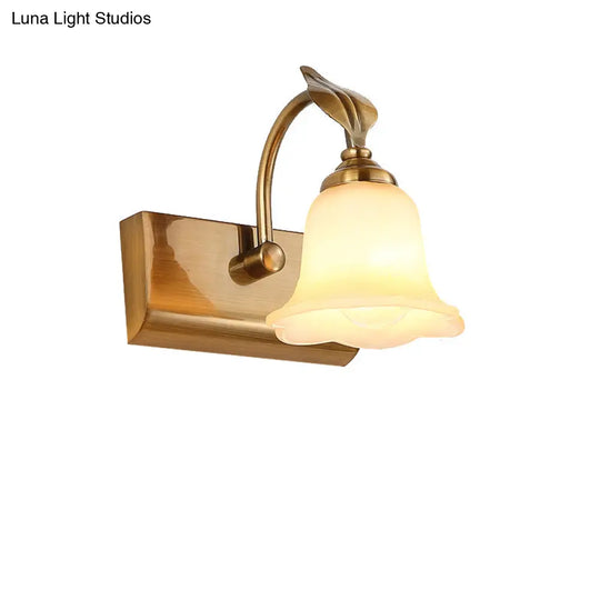 Traditional Brass Flared Bedroom Sconce With Gooseneck Arm - Frosted Glass Vanity Light (1/2/3