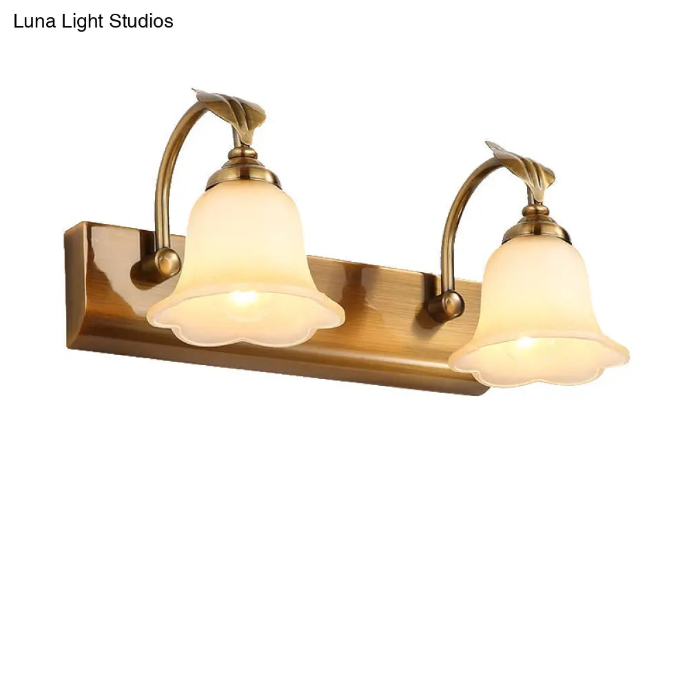 Traditional Brass Flared Bedroom Sconce With Gooseneck Arm - Frosted Glass Vanity Light (1/2/3