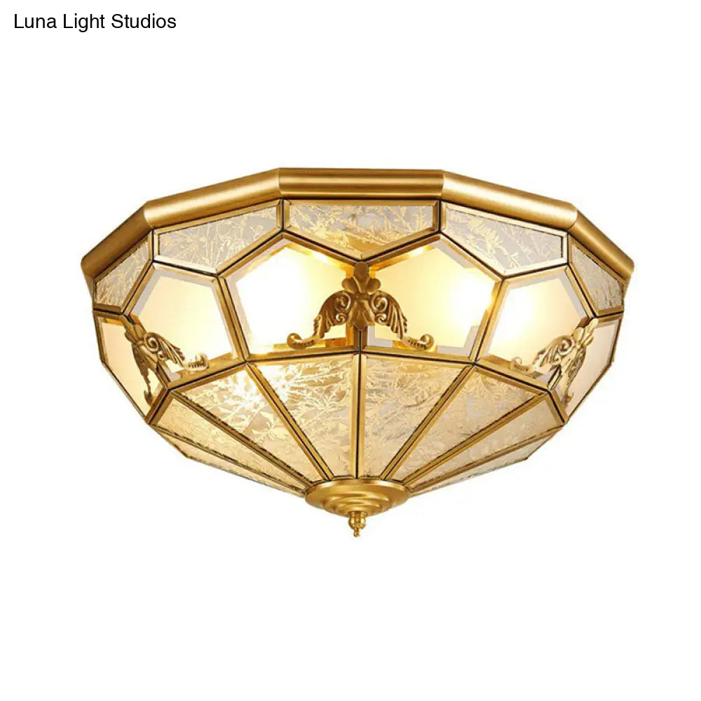 Traditional Brass Flush Ceiling Light Fixture With Frosted Glass Panes - Ideal For Bedrooms