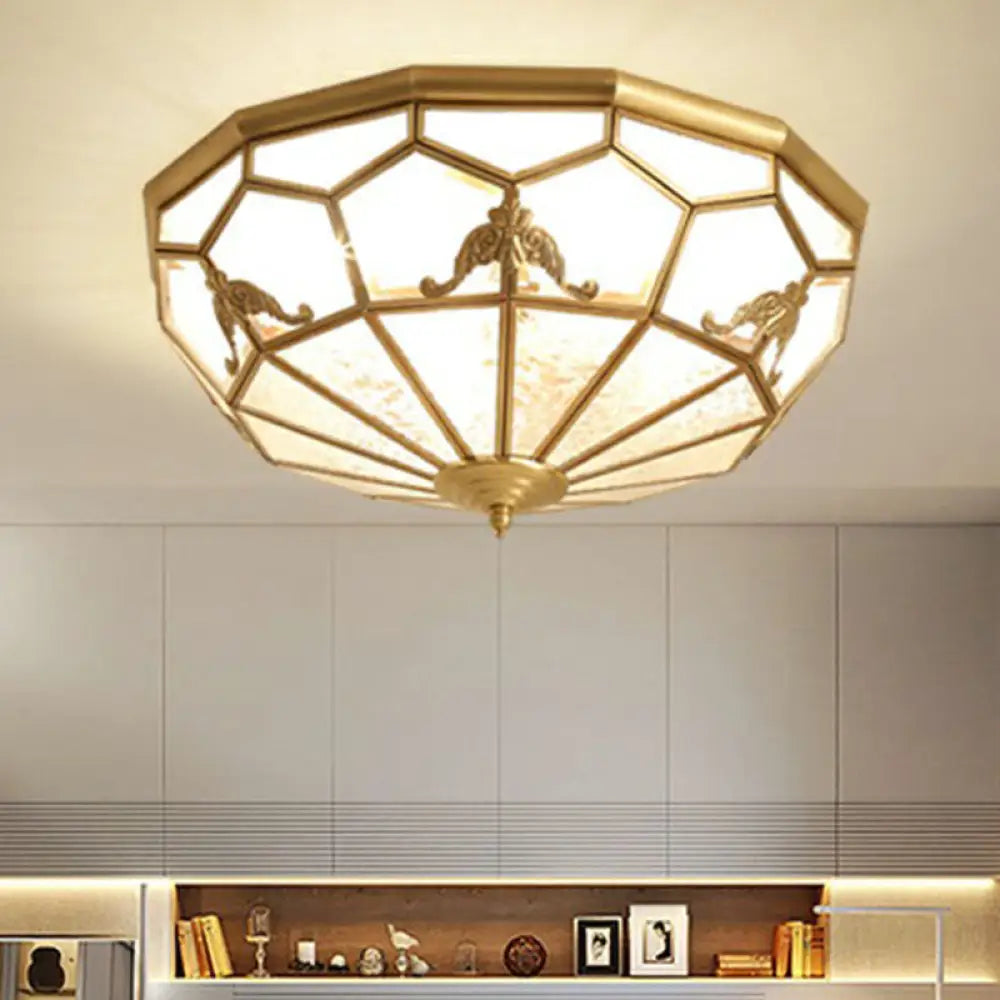 Traditional Brass Flush Ceiling Light Fixture With Frosted Glass Panes - Ideal For Bedrooms 3 /