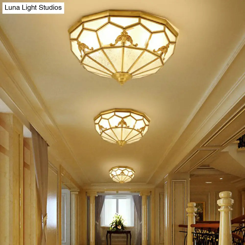 Traditional Brass Flush Ceiling Light Fixture With Frosted Glass Panes - Ideal For Bedrooms