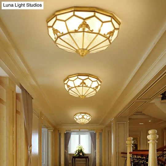 Traditional Brass Flush Ceiling Light Fixture With Frosted Glass Panes - Ideal For Bedrooms