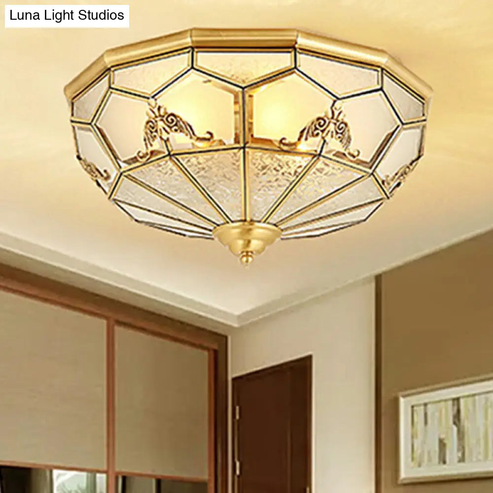 Traditional Brass Flush Ceiling Light Fixture With Frosted Glass Panes - Ideal For Bedrooms