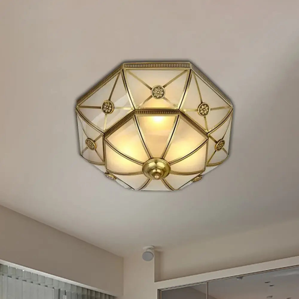 Traditional Brass Flush Mount Ceiling Light Fixture With Frosted Glass Flower Design For Bedroom