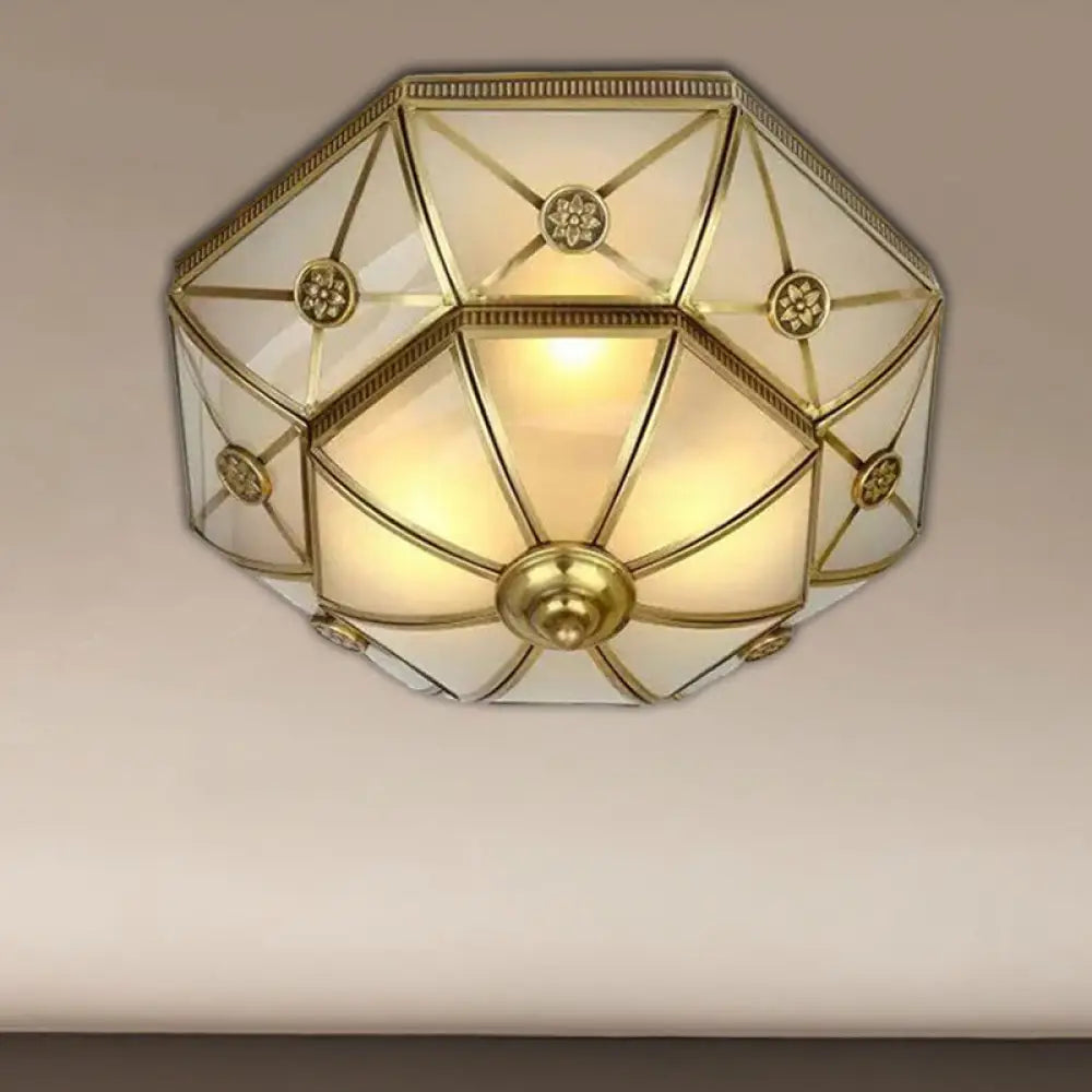 Traditional Brass Flush Mount Ceiling Light Fixture With Frosted Glass Flower Design For Bedroom