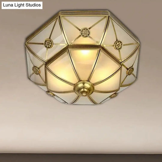 Traditional Brass Flush Mount Ceiling Light Fixture With Frosted Glass Flower Design For Bedroom