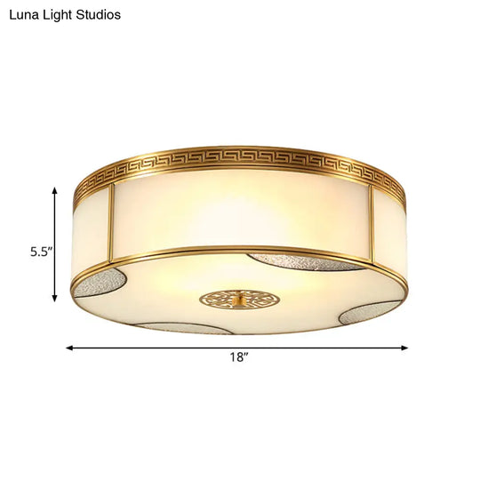 Traditional Brass Flush Mount Drum Ceiling Light With Frosted Glass - 14/18 Wide 3/4-Light Fixture