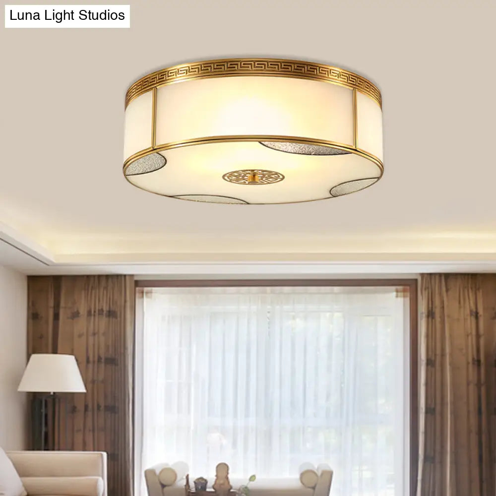 Traditional Brass Flush Mount Drum Ceiling Light With Frosted Glass - 14/18 Wide 3/4-Light Fixture