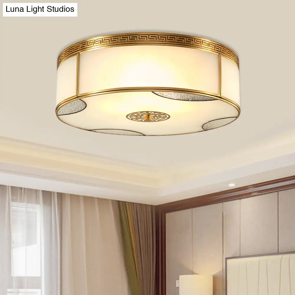 Traditional Brass Flush Mount Drum Ceiling Light With Frosted Glass - 14/18 Wide 3/4-Light Fixture /