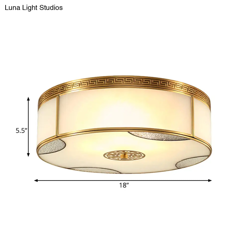 Traditional Brass Flush Mount Drum Ceiling Light With Frosted Glass - 14’/18’ Wide 3/4 - Light