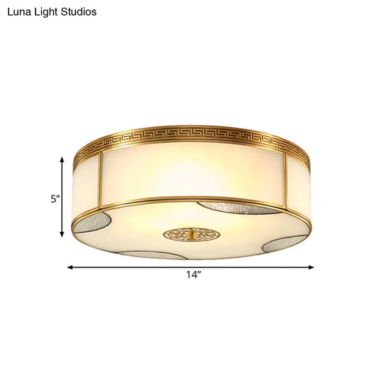 Traditional Brass Flush Mount Drum Ceiling Light With Frosted Glass - 14/18 Wide 3/4-Light Fixture