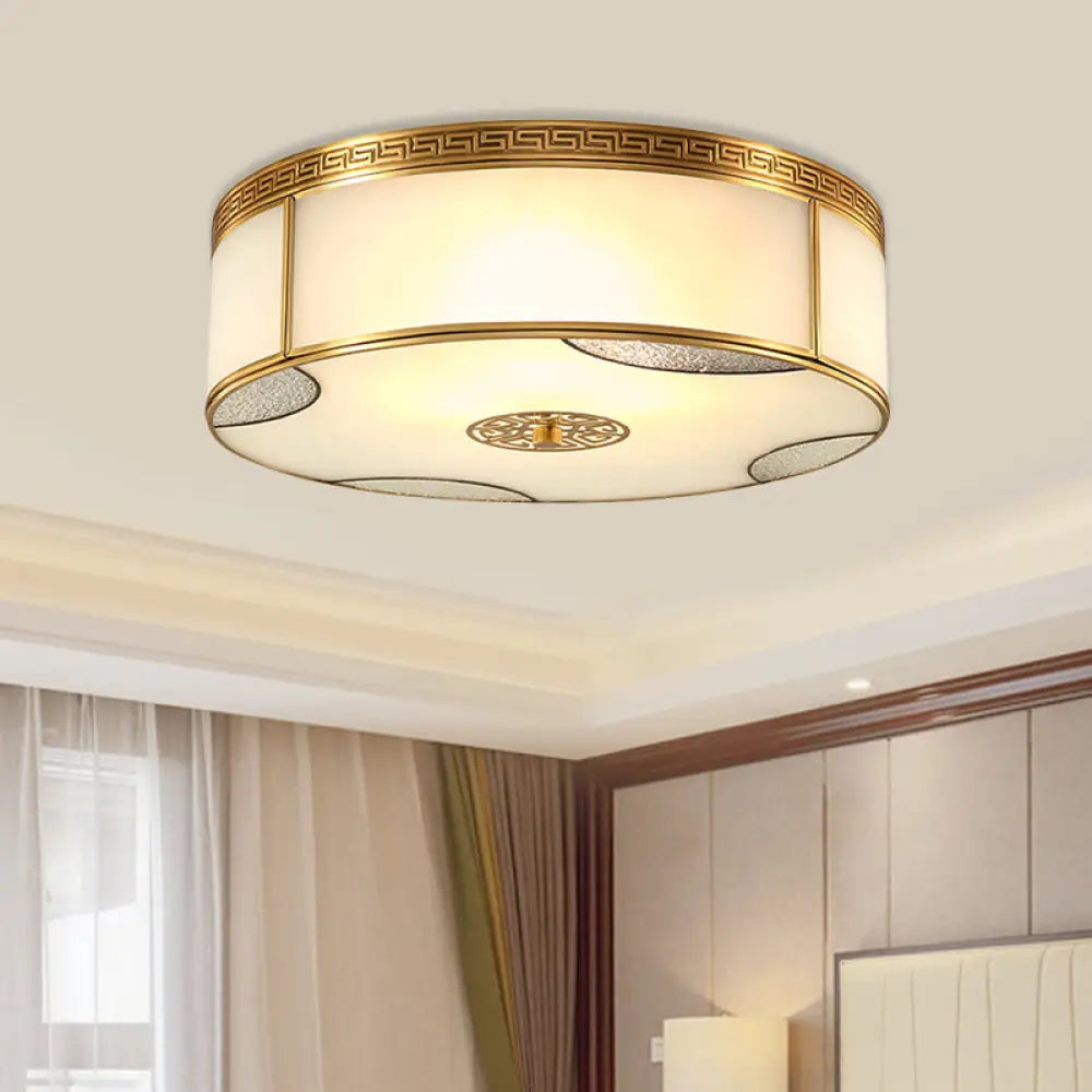 Traditional Brass Flush Mount Drum Ceiling Light With Frosted Glass - 14’/18’ Wide 3/4 - Light