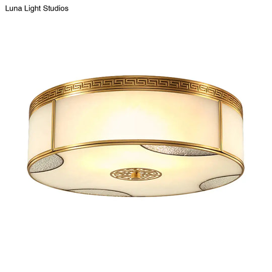 Traditional Brass Flush Mount Drum Ceiling Light With Frosted Glass - 14’/18’ Wide 3/4 - Light