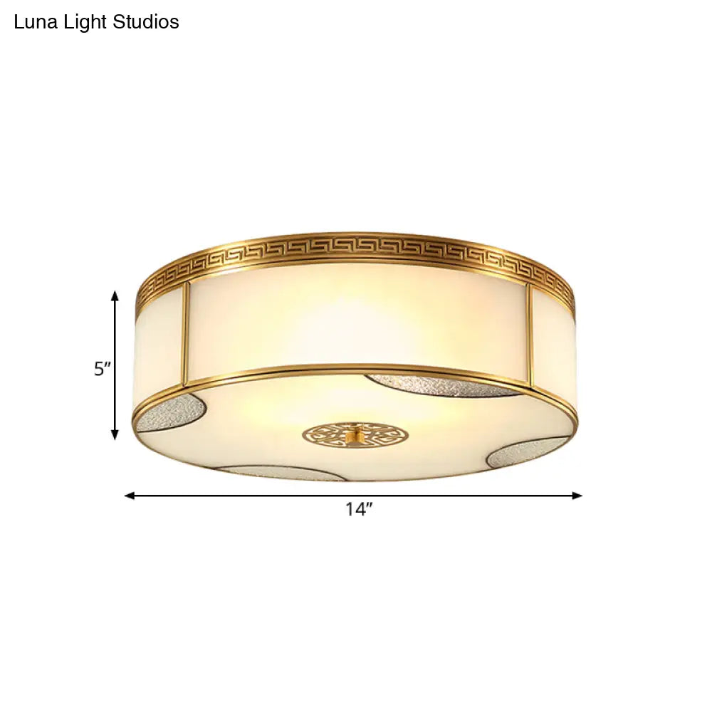 Traditional Brass Flush Mount Drum Ceiling Light With Frosted Glass - 14’/18’ Wide 3/4 - Light