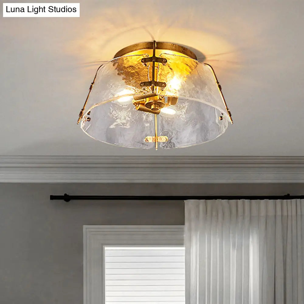 Traditional Brass Flush Mount Lamp With 3 Water Glass Shade – Living Room Ceiling Light Fixture
