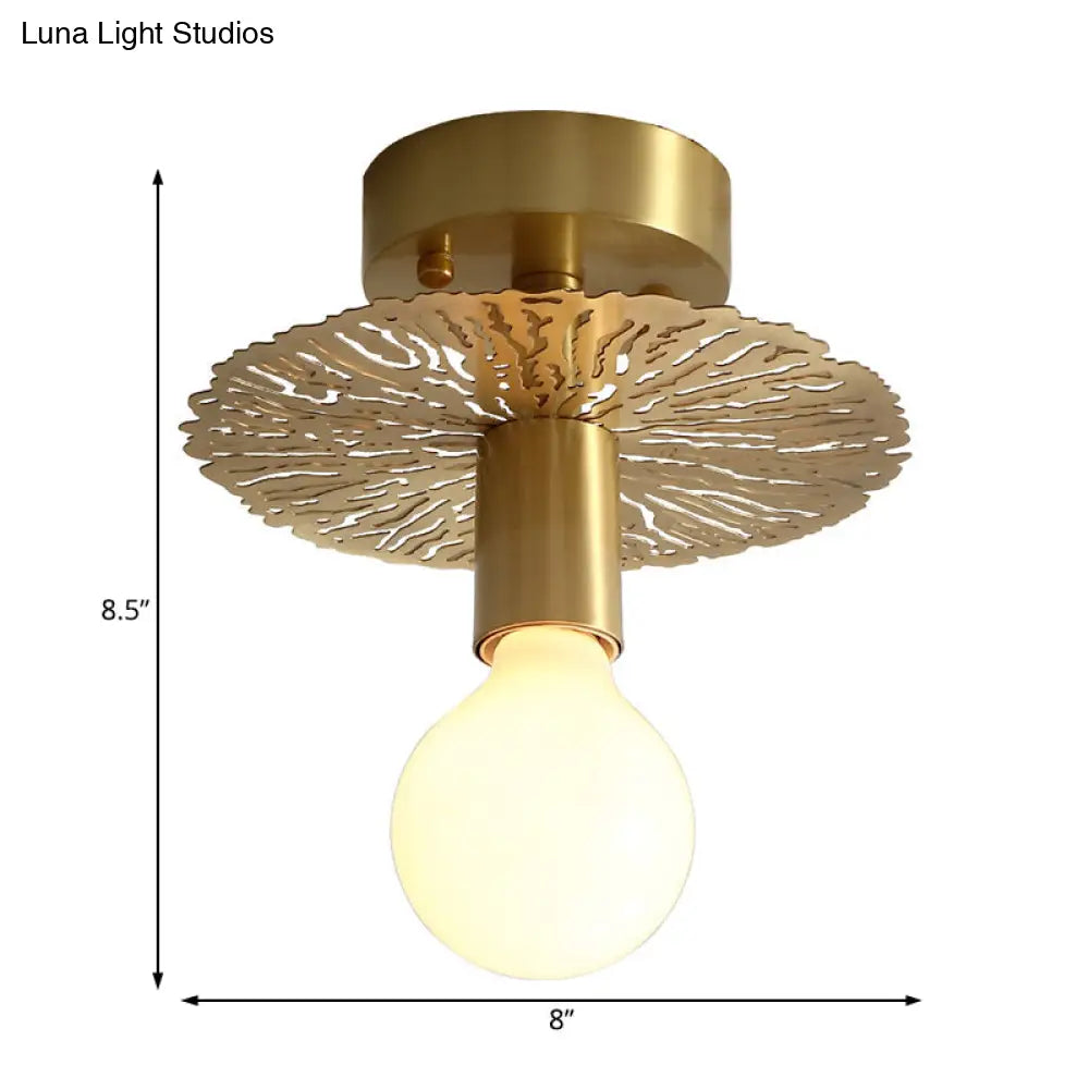 Traditional Brass Flush Mount Lamp With Exposed Bulb - 1 Head Ceiling Mounted Light For Living Room