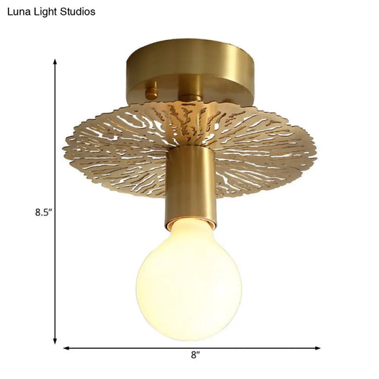 Traditional Brass Flush Mount Lamp With Exposed Bulb - 1 Head Ceiling Mounted Light For Living Room