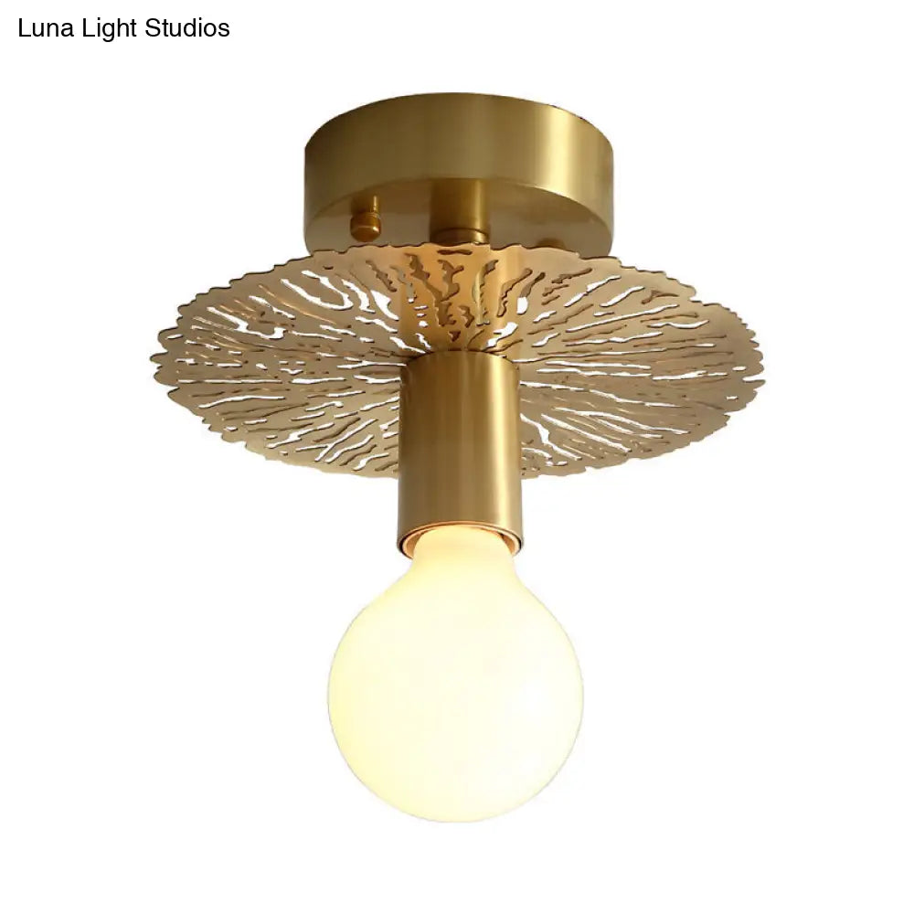 Traditional Brass Flush Mount Lamp With Exposed Bulb - 1 Head Ceiling Mounted Light For Living Room