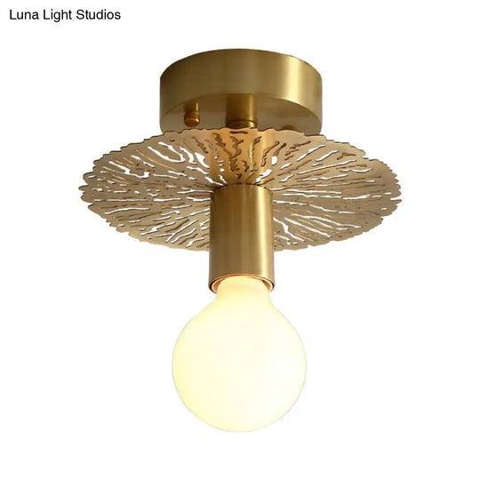 Traditional Brass Flush Mount Lamp With Exposed Bulb - 1 Head Ceiling Mounted Light For Living Room