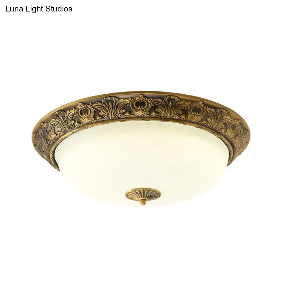 Traditional Brass Flushmount Lamp With Frosted Glass - Led Bedroom Flush Light (12’/16’/19.5’ Wide)