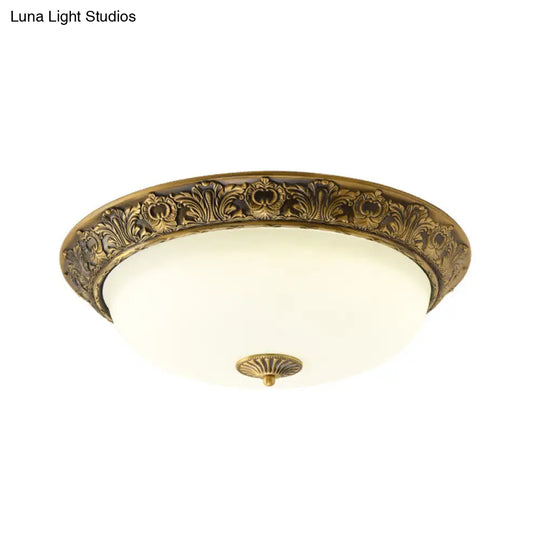 Traditional Brass Flushmount Lamp With Frosted Glass - Led Bedroom Flush Light (12’/16’/19.5’ Wide)