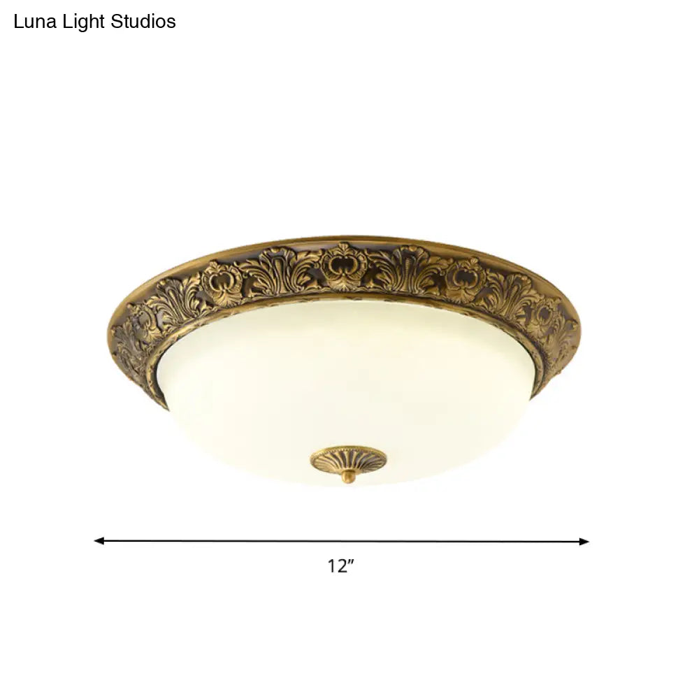 Traditional Brass Flushmount Lamp With Frosted Glass - Led Bedroom Flush Light (12’/16’/19.5’ Wide)