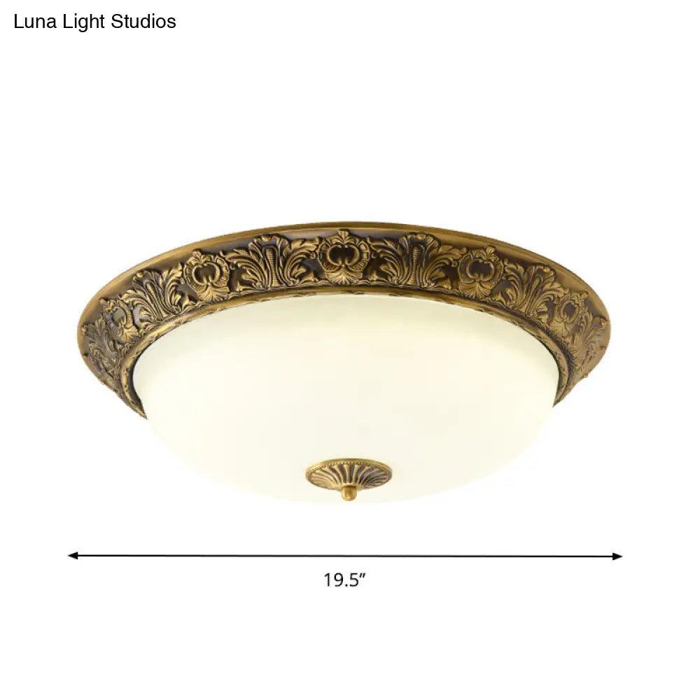 Traditional Brass Flushmount Lamp With Frosted Glass - Led Bedroom Flush Light (12/16/19.5 Wide)