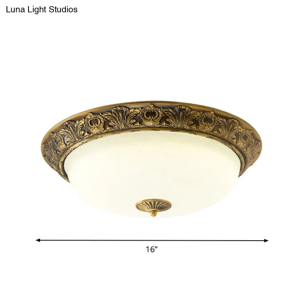 Traditional Brass Flushmount Lamp With Frosted Glass - Led Bedroom Flush Light (12/16/19.5 Wide)