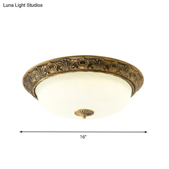 Traditional Brass Flushmount Lamp With Frosted Glass - Led Bedroom Flush Light (12/16/19.5 Wide)