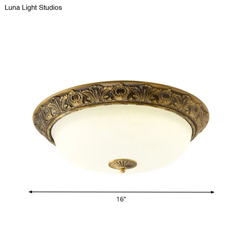 Traditional Brass Flushmount Lamp With Frosted Glass - Led Bedroom Flush Light (12’/16’/19.5’ Wide)