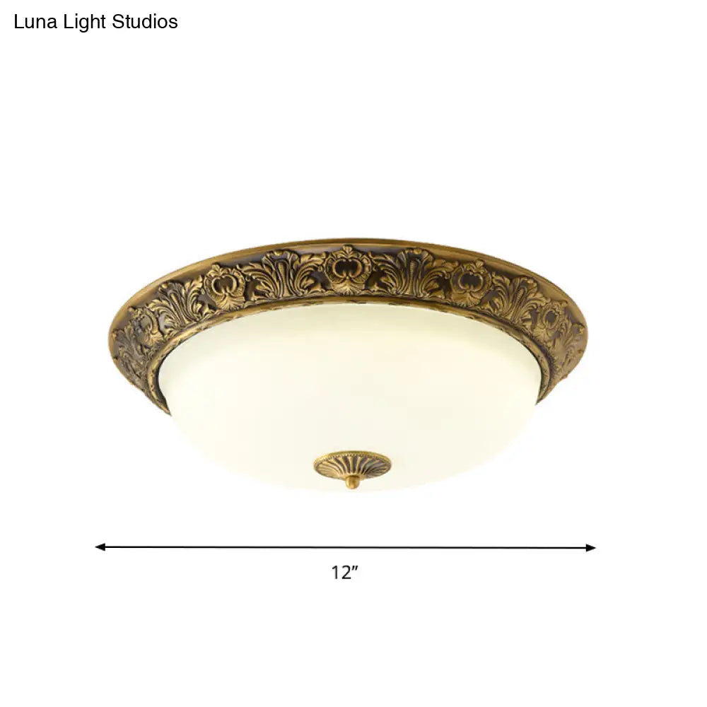 Traditional Brass Flushmount Lamp With Frosted Glass - Led Bedroom Flush Light (12/16/19.5 Wide)