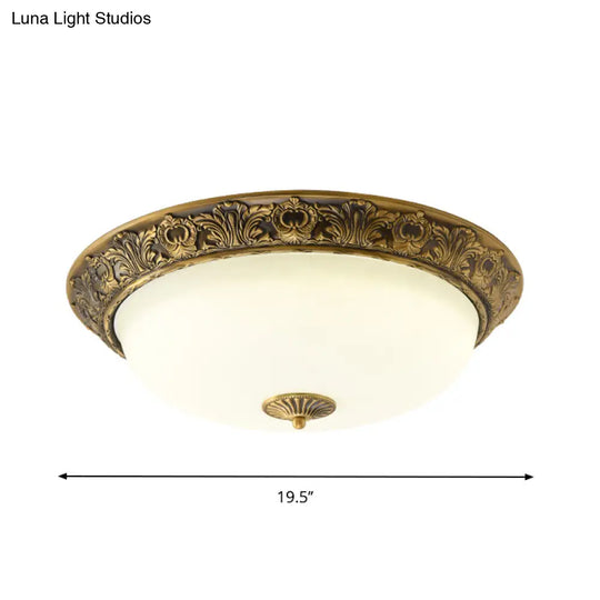 Traditional Brass Flushmount Lamp With Frosted Glass - Led Bedroom Flush Light (12’/16’/19.5’ Wide)