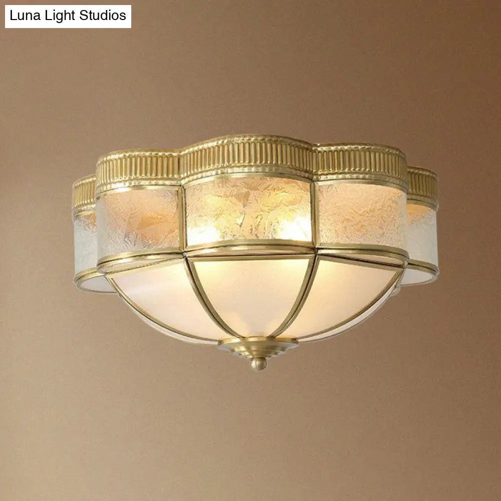 Traditional Brass Flushmount Lighting With Frost Glass And Scalloped Edge 3 /