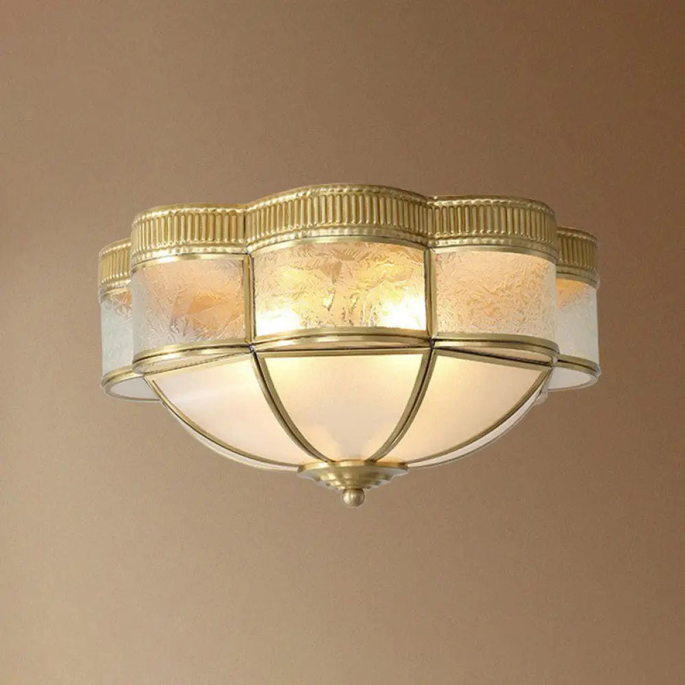 Traditional Brass Flushmount Lighting With Frost Glass And Scalloped Edge 3 /