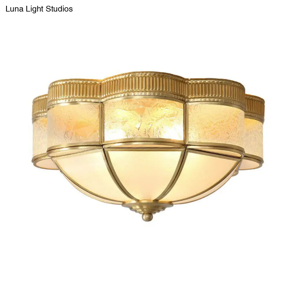 Traditional Brass Flushmount Lighting With Frost Glass And Scalloped Edge