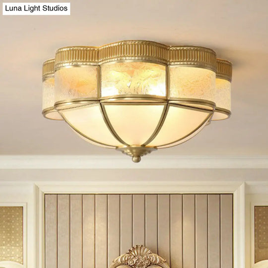 Traditional Brass Flushmount Lighting With Frost Glass And Scalloped Edge