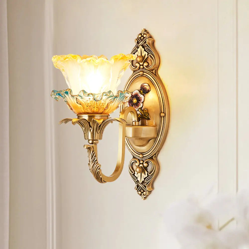 Traditional Brass Frosted Glass Wall Mount Lighting Fixture With Ruffle Detail 1 /