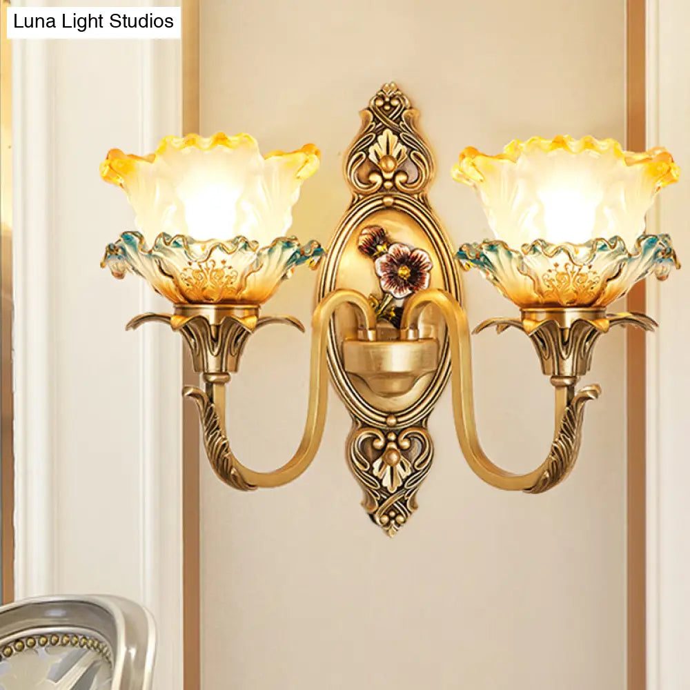 Traditional Brass Frosted Glass Wall Mount Lighting Fixture With Ruffle Detail