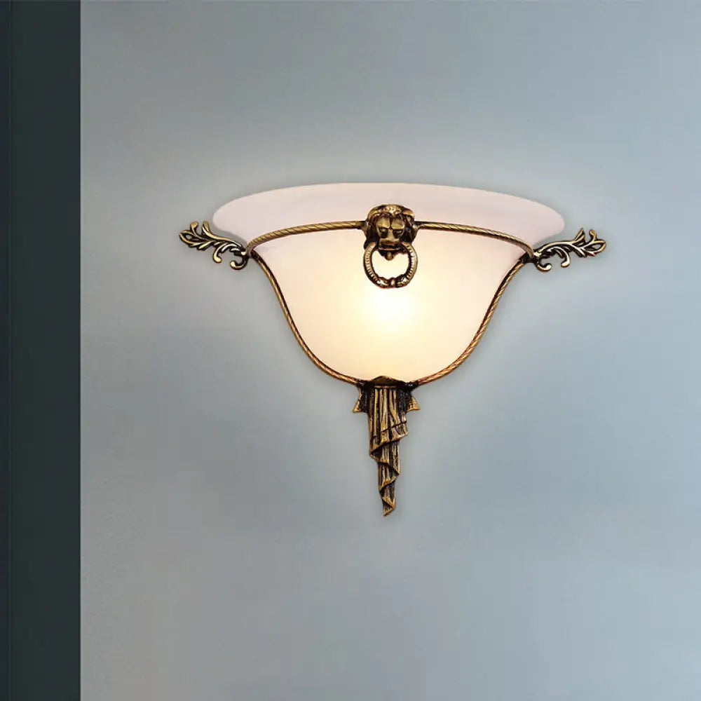 Traditional Brass Frosted Glass Wall Sconce - 1-Head Domed Light For Corridor